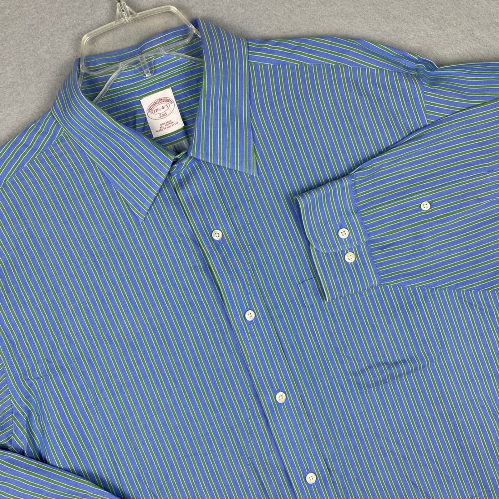Brooks Brothers 346 Mens 17.5 34/35 Blue Green Striped Non-Iron Cotton Shirt